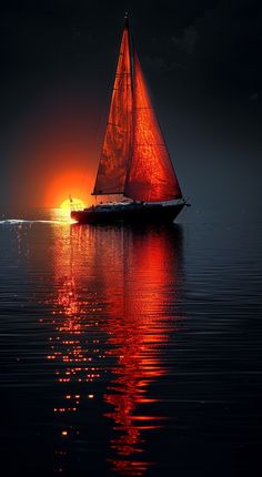 a sailboat is sailing on the water at night with bright orange light reflecting off it's sails