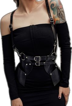 Fitted Black Harness With Suspenders, Gothic Party Harness With Straps, Fitted Gothic Harness For Cosplay, Gothic Corset Belt With Straps For Party, Edgy Fitted Harness With Belt, Edgy Fitted Harness With Suspenders, Gothic Fitted Harness For Party, Punk Style Black Harness For Night Out, Elegant Fitted Black Harness