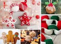 knitted christmas ornaments are displayed in different styles and colors, including gingerbreads