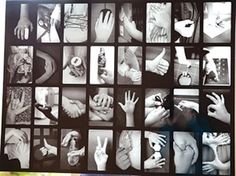 a poster with many different images of hands and fingers in black and white, on a wall