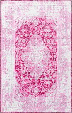 a pink and white rug with an intricate design