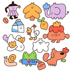 an assortment of cartoon animals and birds