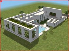 this is an image of a 3d rendering of a modern house with swimming pool and palm trees