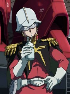 an anime character in uniform holding a drink