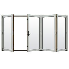 an open white room divider with mirrors on the sides and doors to each side