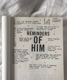 an open book with the words reminders of him written in black and pink on it