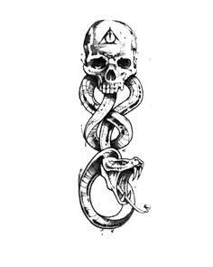 a drawing of a snake and skull with the letter s in it's mouth