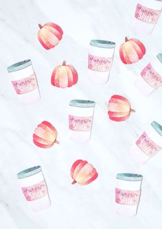 watercolor painting of peaches and coffee cups on white marble with the words mandarin spice written in pink