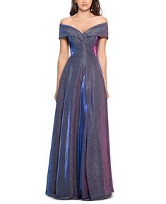 XSCAPE Off-The-Shoulder Shimmer Wrap Gown & Reviews - Dresses - Women - Macy's Glitter Dress Long, High Low Gown, Xscape Dresses, Glitter Dress, Review Dresses, Gowns With Sleeves, Metallic Dress, Lace Gown, Beautiful Gowns