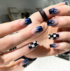 Black And Blue Nail Designs Short, Gamer Nails Design, Blue Fire Nails, Hot Wheels Nails, Fortnite Nails, Blue Flame Nails, Tomboy Nails, Blue And Black Nails, Glitter French Nails