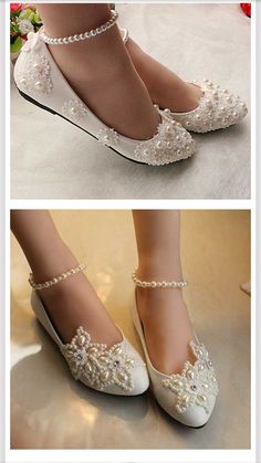 two pictures of women's shoes with pearls and pearls on the bottom, one in white