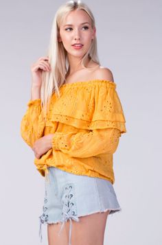 Beach Fest Yellow Eyelet Off-the-Shoulder Top - BohoPink Off Shoulder Top Outfit Summer, Off The Shoulder Top Outfit, Top Summer Outfits, Sleeveless Tops Summer, Off Shoulder Crop Top, Shoulder Crop Top, Best Jeans, Sheer Sleeves, Off Shoulder Tops