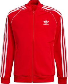 Fit & Design: Regular fit Full zip with ribbed colla Go all-in on legit adidas looks with iconic 3-Stripes and a hit of piping Front zip pockets and raglan sleeves The signature sheen of tricot finishes your OG vibe Technology: Jacket is made with Primeblue, a high-performance Look Adidas, Adidas Vintage, Tracksuit Tops, Adidas Shirt, Red Adidas, Adidas Online, Track Jacket, Red Jacket, Track Jackets