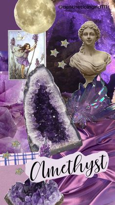 an image of amethyst crystals with the words amethyst on it in front of them