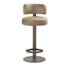 an image of a modern bar stool with foot rest in beige fabric and metal frame