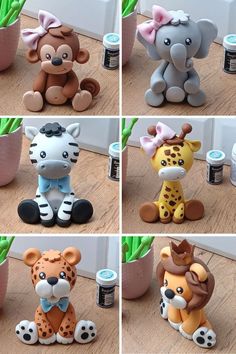 there are four pictures of different animal figurines