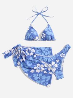 Blue Sexy Collar   Floral  Embellished High Stretch  Women Clothing Summer Bathing Suits, Coverup Skirt, Beach Skirt, Triangle Bra, Womens Bathing Suits