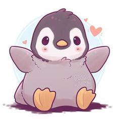 a cute little penguin sitting on the ground with its arms around it's chest