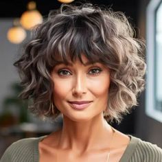 35 Flattering Hairstyles for Women Over 60 with Bangs Curly Bob Haircut, Grey Curly Hair, Wavy Bob Haircuts, Flattering Hairstyles, Hairstyles For Women Over 60, Layered Haircuts For Medium Hair, Wavy Bob Hairstyles, Chin Length Hair