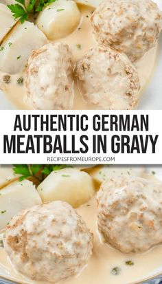 photo collage of meatballs in gravy with boiled potatoes next to it and text overlay "authentic German meatballs in gravy". Creamy Caper Sauce, German Cuisine Recipes, German Main Dishes, German Meatballs, Meatballs With Gravy, German Meat, Caper Sauce