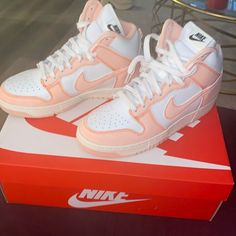 Perfect Condition Never Worn Woman Size 8 Nike Dunk High Top 1985 In Arctic Orange Custom Retro Sneakers For Streetwear, Retro High-top Custom Sneakers, Vintage Nike White Sneakers, Nike Retro White Custom Sneakers, Nike Retro Custom White Sneakers, Retro Nike Custom White Sneakers, Retro White High-top Sneakers With Round Toe, Vintage White High-top Sneakers With Branded Insole, Trendy White Mid-top Custom Sneakers