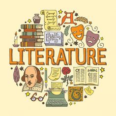 the word literature surrounded by books and other items in a circle with an image of shakespeare's face