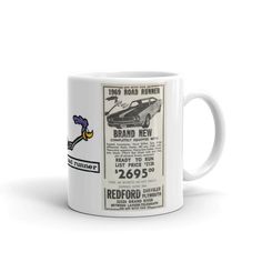 a white coffee mug with an old car advertisement on it