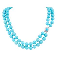 Natural Untreated Sleeping Beauty Turquoise Diamond Platinum Bead Necklace Elegant Turquoise Gemstone Necklace With Round Beads, Luxury Turquoise Round Necklace, Luxury Round Turquoise Necklace, Luxury Turquoise Gemstone Beads Necklace, Luxury Turquoise Round Bead Jewelry, Elegant Turquoise Necklace With Polished Beads, Luxury Turquoise Single Strand Jewelry, Elegant Double Strand Blue Turquoise Necklace, Elegant Double Strand Turquoise Necklace