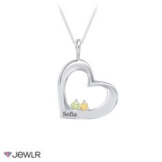 Cradled in love, this unique pendant features an engravable hearts cradling two sparkling gemstones. Personalize yours with a meaningful name and your choice of a genuine or simulated birthstones to represent you and your loved one. Your pendant will be handcrafted in sterling silver or gold and includes and a matching chain in your choice of lengths. Heart Cut Birthstone Necklace For Anniversary, Heart Cut Birthstone Jewelry For Keepsake, Silver Birthstone Necklace With Heart Charm, Keepsake Heart Cut Birthstone Jewelry, Heart-shaped May Birthstone Necklace With Gemstone, May Birthstone Heart Necklace, Sterling Silver Birthstone Necklace With Custom Name For Mom, Sterling Silver Birthstone Necklace For Valentine's Day, Sterling Silver Heart-shaped Birthstone Necklace