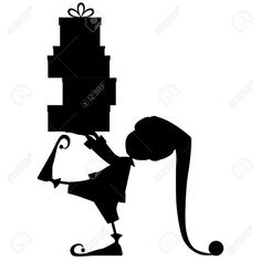 a black and white silhouette of a woman carrying a stack of presents