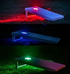 three different types of illuminated benches in the grass