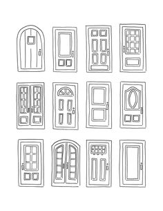 nine doors with windows drawn in black and white