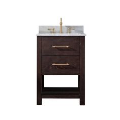 an image of a bathroom vanity with marble top and gold faucet on it