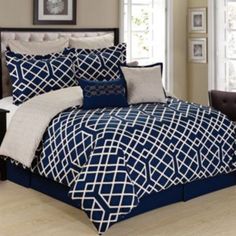 blue and white comforter set in a bedroom