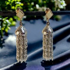 "Add a touch of vintage charm to your outfit with these stunning Sarah Coventry clip-on earrings. The silver tone dangle chain and tassel design is perfect for any occasion, from weddings to birthdays and everything in between. The rectangle shape and clip-on closure make them easy to wear. Approximately 2\" long and 1/2\" wide. These earrings are a wonderful addition to any jewelry collection. The signed Sarah Coventry brand ensures their originality and adds a touch of authenticity to your accessories. Don't miss out on these one-of-a-kind earrings that are sure to turn heads wherever you go." Silver Elegant Tassel Drop Earrings, Elegant Silver Tassel Drop Earrings, Elegant Silver Earrings With Tassels, Elegant Metal Dangle Tassel Earrings, Elegant Silver Tassel Earrings For Evening, Elegant Metal Tassel Drop Earrings, Elegant Metal Jewelry With Tassels, Elegant Metal Tassel Earrings, Elegant Metal Tassel Jewelry