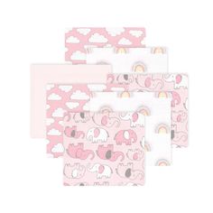 three pink bibs with elephants and rainbows on them