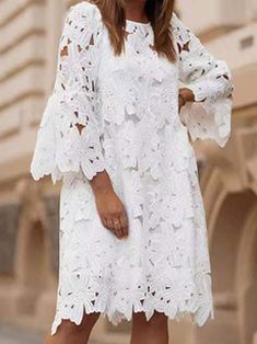 Embroidered Summer Dress, Summer Dress Women, Loose Dresses, Short Bodycon Dress, Flare Sleeve Dress, Dress Women Elegant, Lace Dress With Sleeves, Fashion White, Elegant Ladies