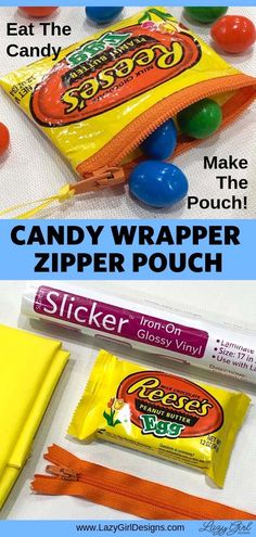 the candy wrapper zipper pouch is open and ready to be used