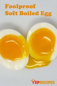 two boiled eggs on a white background with the words foolproof soft boiled egg