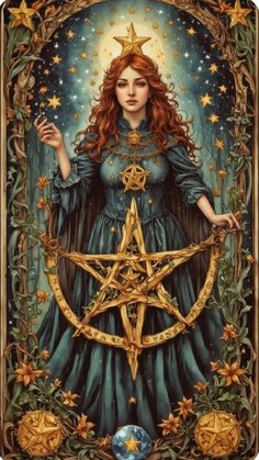 a woman holding a star in her hand and surrounded by stars on the background is an ornate