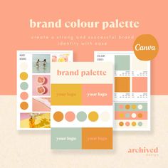 the brand logo and color palettes are shown in three different colors, including orange, pink