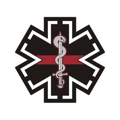 an ems symbol with a snake on it's back and red ribbon in the center