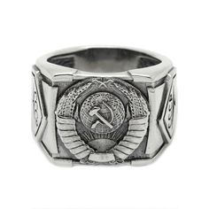 USSR Soviet Heraldry, Emblems of the Soviet Republics Ring Sterling Silver 925◆ "Coat of arms of the Soviet Union" Big sterling silver signet. On the top of the ring - State Emblem of the Soviet Union. On the both sides you can see sign of quality of USSR. The sign was a pentagonal shield with a rotated letter K (from Russian word Kachestvo – quality) stylized as scales below the Cyrillic abbreviation for USSR (Russian: СССР, SSSR).◆ Features: • SKU: 700800• Brand new sterling ring silver 925. N Ceremonial Sterling Silver Rings With Polished Finish, Sterling Silver Rings With Polished Finish For Ceremonial Occasions, Sterling Silver Rings With Polished Finish For Ceremonies, Antique Silver Signet Ring For Commemoration, Ceremonial Symbolic Ring With Polished Finish, Symbolic Rings With Polished Finish For Commemoration, Classic Silver Signet Ring For Ceremonial Occasions, Symbolic Silver Ring For Commemoration, Classic Coat Of Arms Collectible Rings