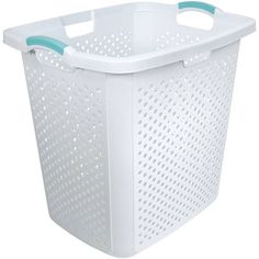 a white plastic laundry basket with blue handles