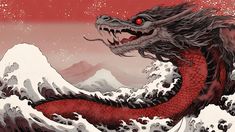 a red and black dragon sitting on top of a wave in front of snow covered mountains