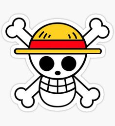 a sticker with a skull wearing a yellow hat and bones on it's side