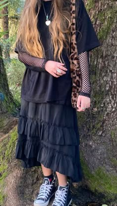 Long Skirt Outfits Edgy, Long Black Skirt Alternative Outfit, Analog Horror Aesthetic Outfit, Long Skirt Alternative Outfits, Layering Black Dress, Goth Long Skirt Outfit, Modest Alt Outfits, Kinderwhore 90s Grunge Style, Gothic Outfits Casual