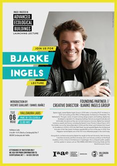 a flyer for an event with a smiling man in black jacket and yellow frame on the front