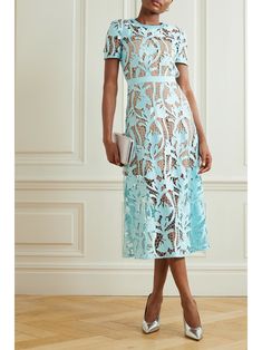 Blue Grosgrain-trimmed embroidered satin and guipure lace midi dress | SELF-PORTRAIT | NET-A-PORTER Guipure Lace, Lace Midi, Lace Midi Dress, Blue Satin, Self Portrait, Net A Porter, Women Collection, Stylish Women, Luxury Design