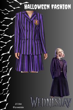 a woman in a purple and black striped dress next to a mannequin with bats on it